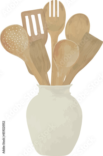 Vector Watercolor vase with wooden utensils, tools. Illustrations for creative cooking, invitation, greeting cards, birthday, event, holiday, menu; cooking class; Master Class
