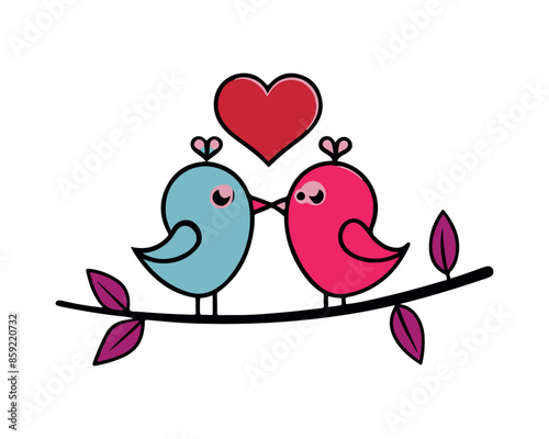 birds love on branch valentine color silhouette carton art