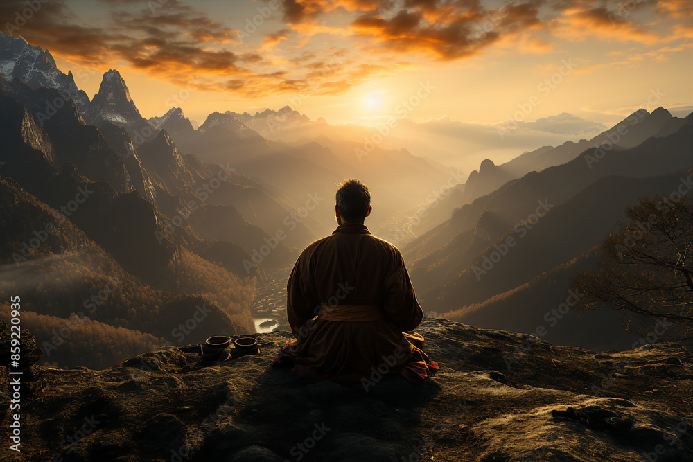 Created with generative AI image rear view of person finding inner peace meditating in mountains early morning Created with generative AI image rear view of person finding inner peace meditating in mountains early morning