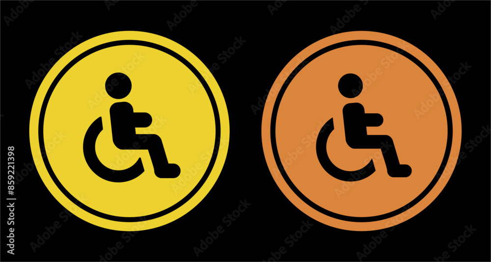 Disabled person patient in wheelchair icon set. Disability symbol concept design. Symbol of Care. Accessibility for seating. Icon label illustration