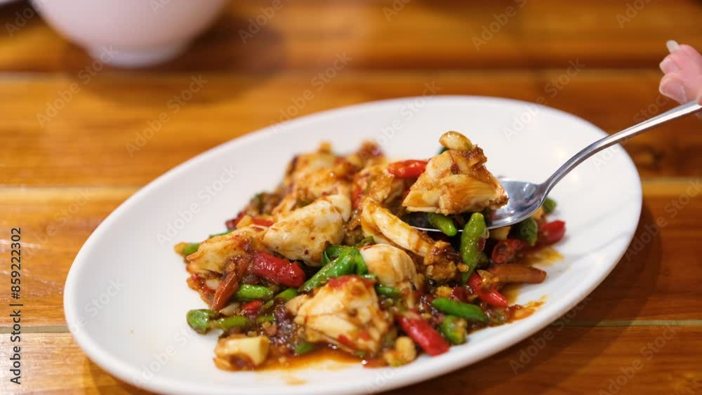 woman's hand is using a spoon to scoop up fried lump crab meat with bird's eye chilli from a plate. woman's hand is using a spoon to scoop up fried lump crab meat with bird's eye chilli from a plate.
