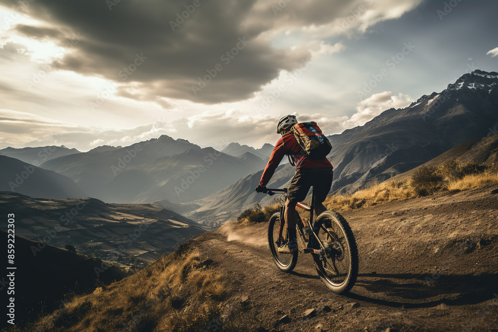 Adventure Cyclist Navigating Challenging Mountain Terrain at Sunset Adventure Cyclist Navigating Challenging Mountain Terrain at Sunset