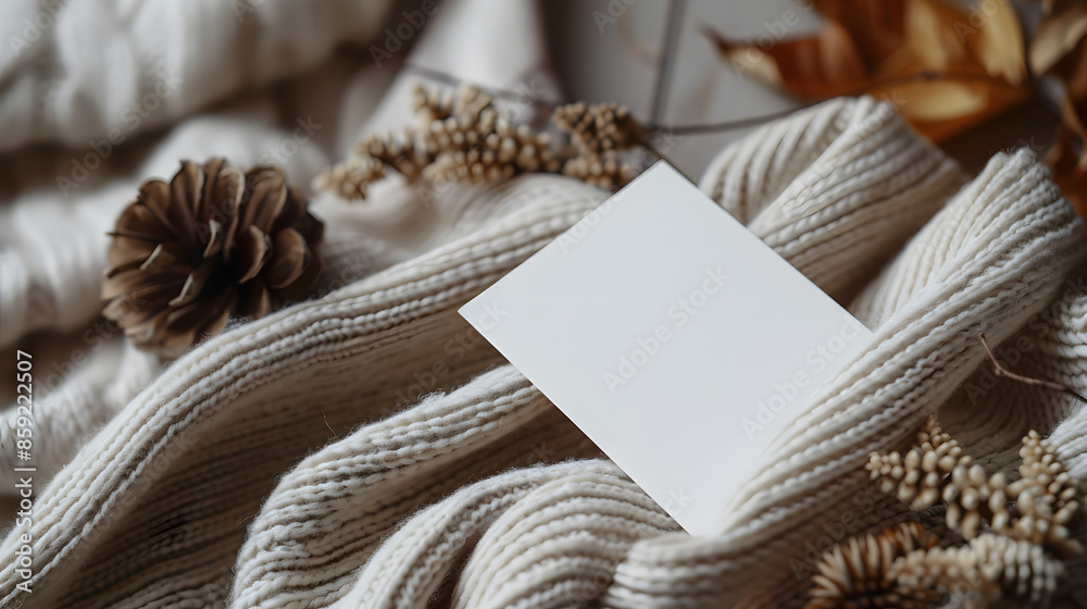 close shot, top view, flatlay, white greeting card emply on table, mock up, modern boho interior, cosy close shot, top view, flatlay, white greeting card emply on table, mock up, modern boho interior, cosy