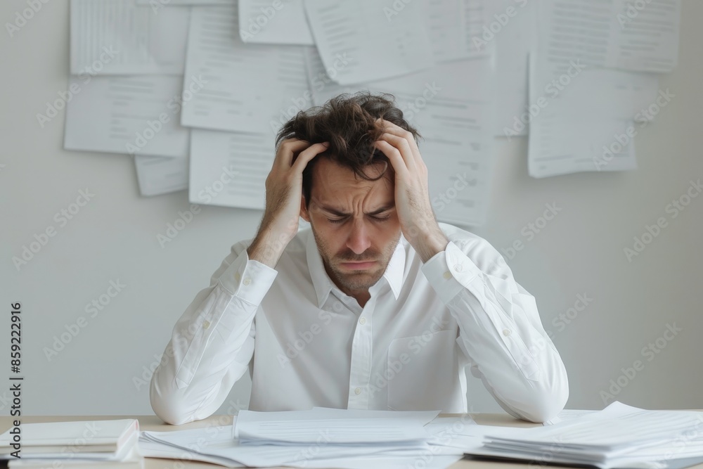 Overwhelmed by Financial Stress - Person Sitting at Desk Surrounded by Bankruptcy Documents and Feeling Stressed Overwhelmed by Financial Stress - Person Sitting at Desk Surrounded by Bankruptcy Documents and Feeling Stressed