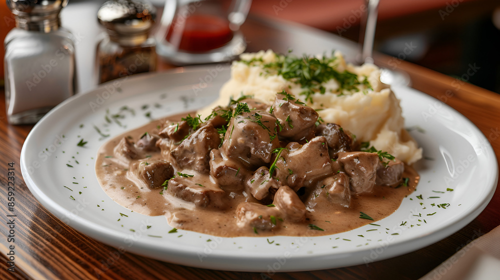 delicious juicy beef stroganoff on white plate, mashed potatoes on the side, black background, top view delicious juicy beef stroganoff on white plate, mashed potatoes on the side, black background, top view