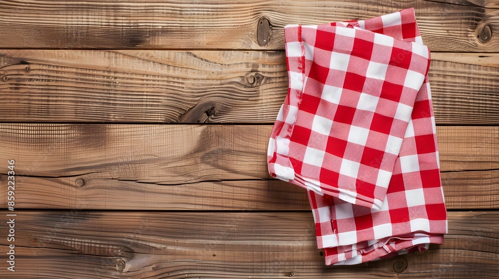 red checkered tablecloth napkin on empty wooden table, top view. kitchen rustic background, mock up for design red checkered tablecloth napkin on empty wooden table, top view. kitchen rustic background, mock up for design