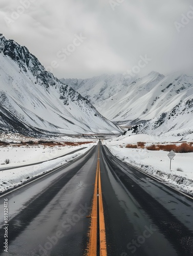 road in the middle of snowy mountains beautiful landscape © Pascal