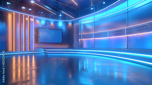 Contemporary digital news broadcasting backdrop featuring chroma key functionality. Concept TV Studio Set, Chroma Key, Digital News, Contemporary Design