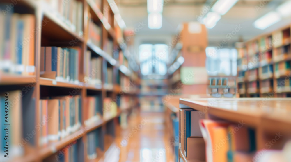 An out-of-focus aisle of a library with shelves filled with books under warm fluorescent lighting. An out-of-focus aisle of a library with shelves filled with books under warm fluorescent lighting.
