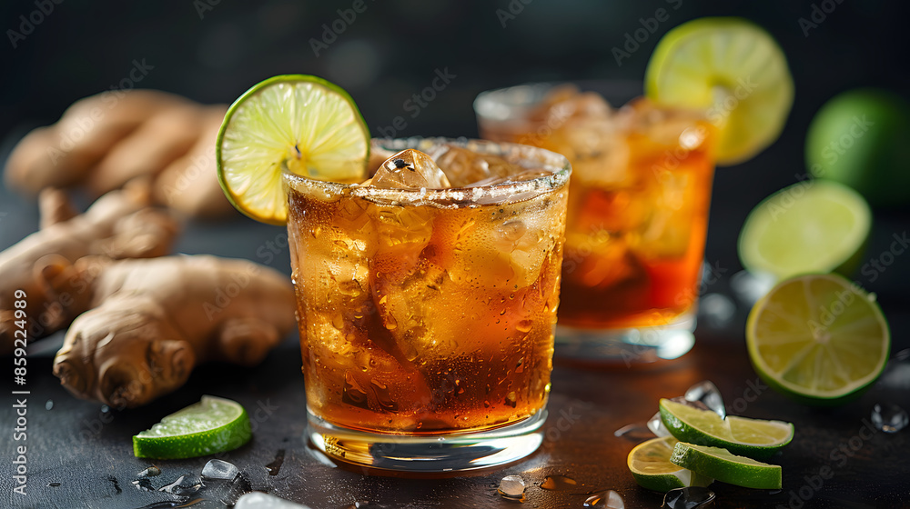 Dark and stormy cocktail with lime in glasses, ginger root, on table, nordic lounge, modern, no smoke, dark environment, low dop Dark and stormy cocktail with lime in glasses, ginger root, on table, nordic lounge, modern, no smoke, dark environment, low dop