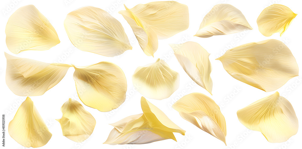 Collection of soft yellow flower petals isolated on white Collection of soft yellow flower petals isolated on white