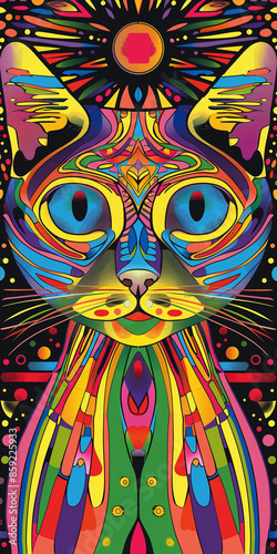 Symmetrical psychedelic cat face colorful digital artwork