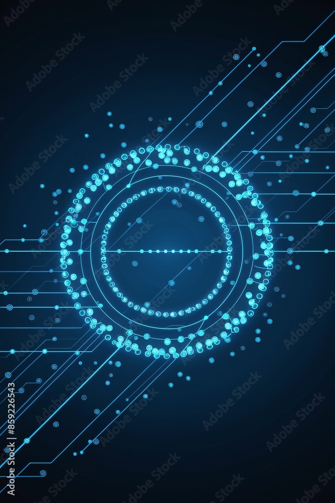 A glowing blue circuit board with a circle in the center made of smaller circles.
A glowing blue circuit board with a circle in the center made of smaller circles.