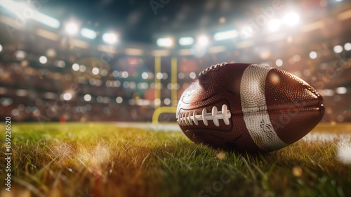 Close up of american football ball on a stadium crowded with fans