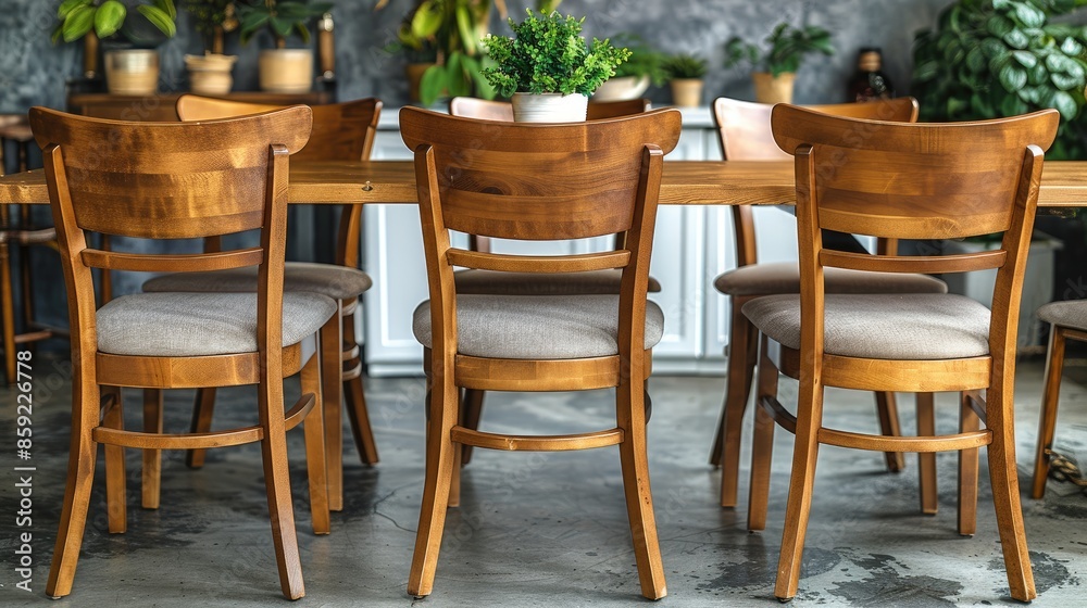 Obraz premium Wooden chairs at table in grey dining room interior with plants and white cupboard.
