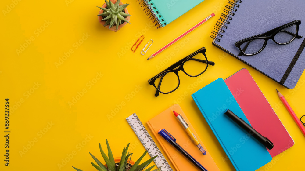 A vibrant workspace featuring office supplies on a yellow background. Flat lay arrangement includes paper notebooks, eyeglasses, pen, pencils, ruler, and other stationery items. A vibrant workspace featuring office supplies on a yellow background. Flat lay arrangement includes paper notebooks, eyeglasses, pen, pencils, ruler, and other stationery items.