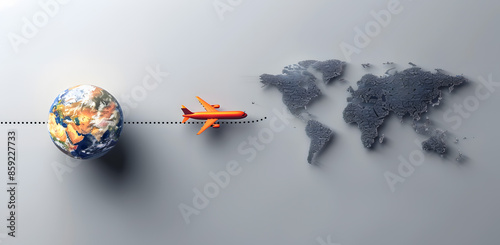 Airplane flying over Earth. Travel the world concept. Airplane vector earth world globe icon. Plane flying round travel concept.. Travel around the earth, Collage Art