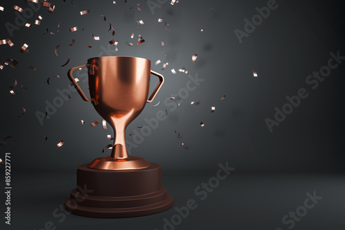 Fotografie A bronze trophy cup with confetti on a dark background, symbolizing celebration of victory or success