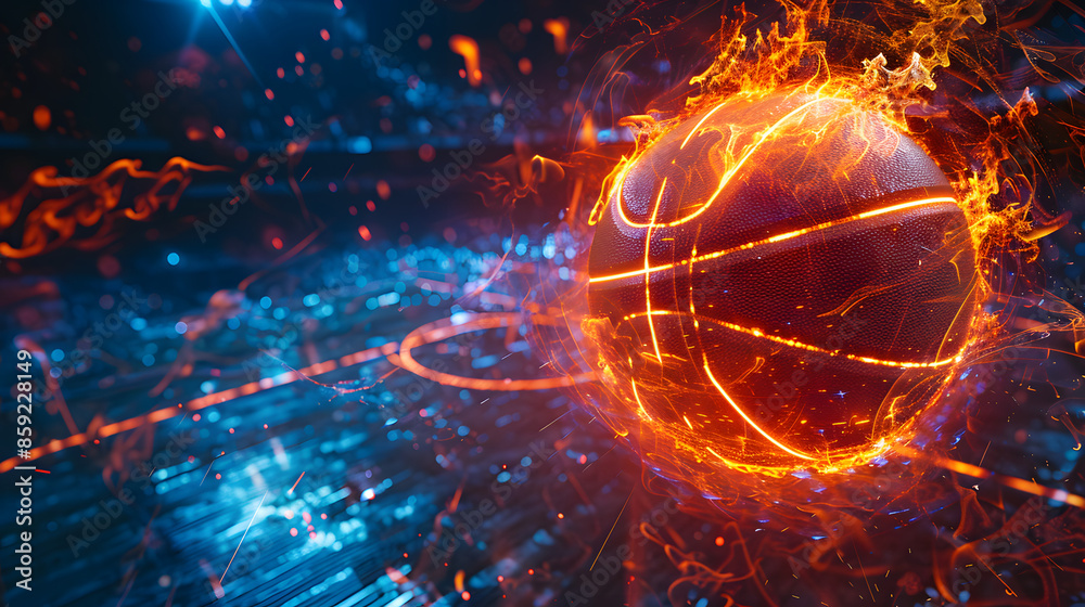 Fiery Basketball In Flames, neon lines basketball light background arena. Futuristic sports concept Fiery Basketball In Flames, neon lines basketball light background arena. Futuristic sports concept