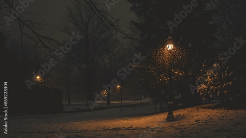 The snow is falling heavily in the park. The street lights are on, and the snow is reflecting their light. © stocker