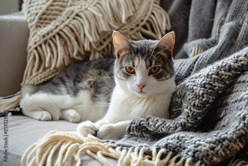 a cat laying on a couch with a blanket