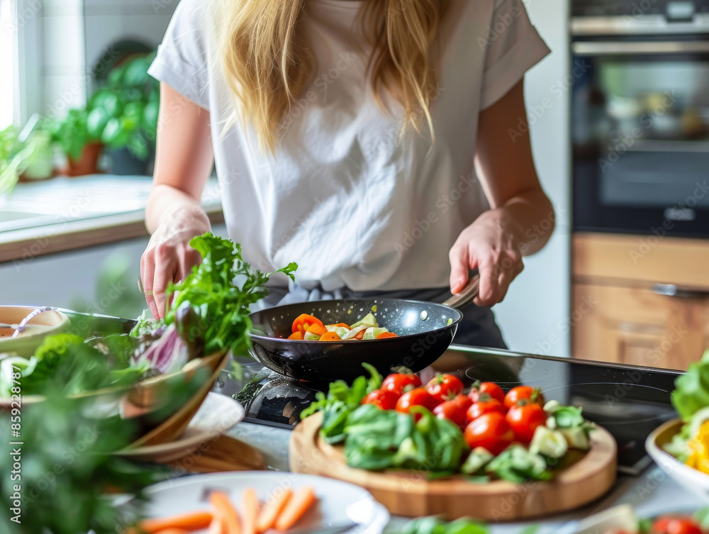 Young woman is cooking healthy food in her kitchen. Fresh vegetables in pan Young woman is cooking healthy food in her kitchen. Fresh vegetables in pan