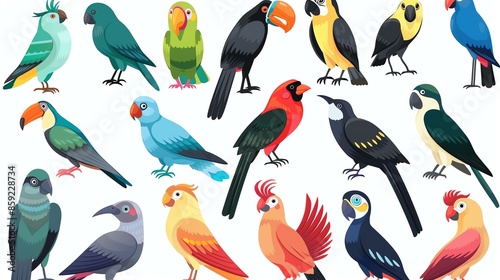 A set of cartoon parrots. There are many different types of parrots in the world, each with their own unique appearance and personality. photo