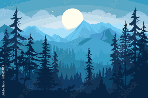 Pine tree forest with moonlight, flat style cartoon vector illustration. Night sky Pine trees, moon and stars. Chilly winter night. 
