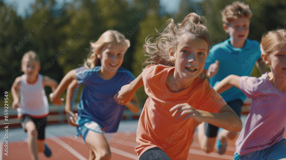 Energetic children sprinting together on a track field, embracing the joy and camaraderie of sports in the sunlight. Energetic children sprinting together on a track field, embracing the joy and camaraderie of sports in the sunlight.