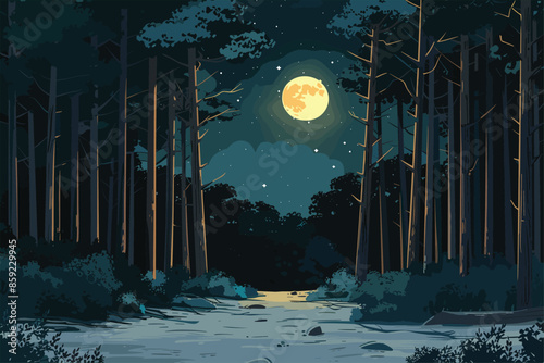 Pine tree forest with moonlight, flat style cartoon vector illustration. Night sky Pine trees, moon and stars. Chilly winter night. 