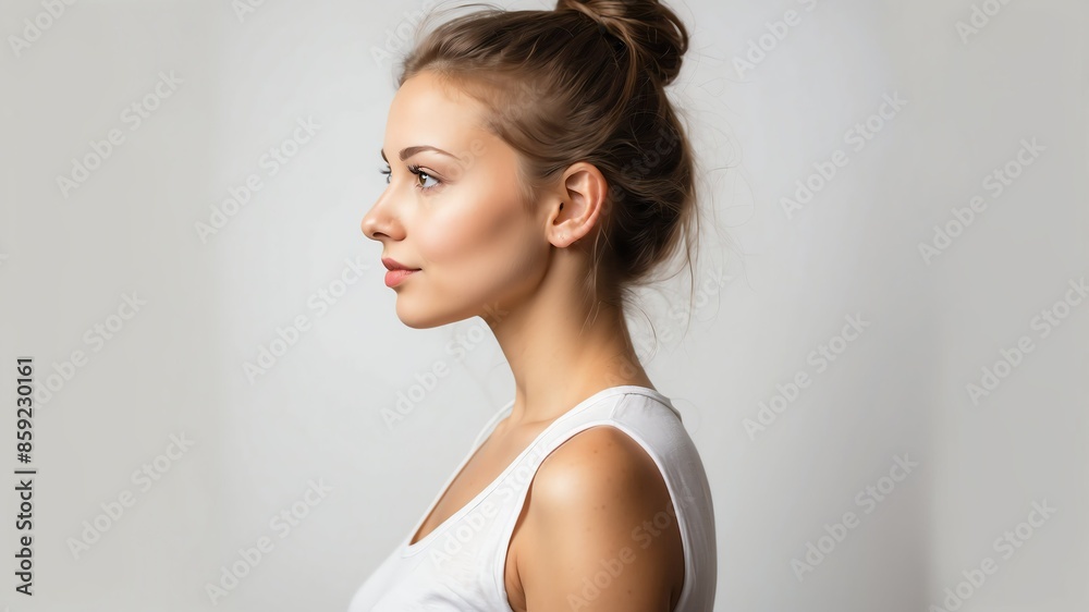 young beautiful caucasian woman side view portrait on plain white background young beautiful caucasian woman side view portrait on plain white background