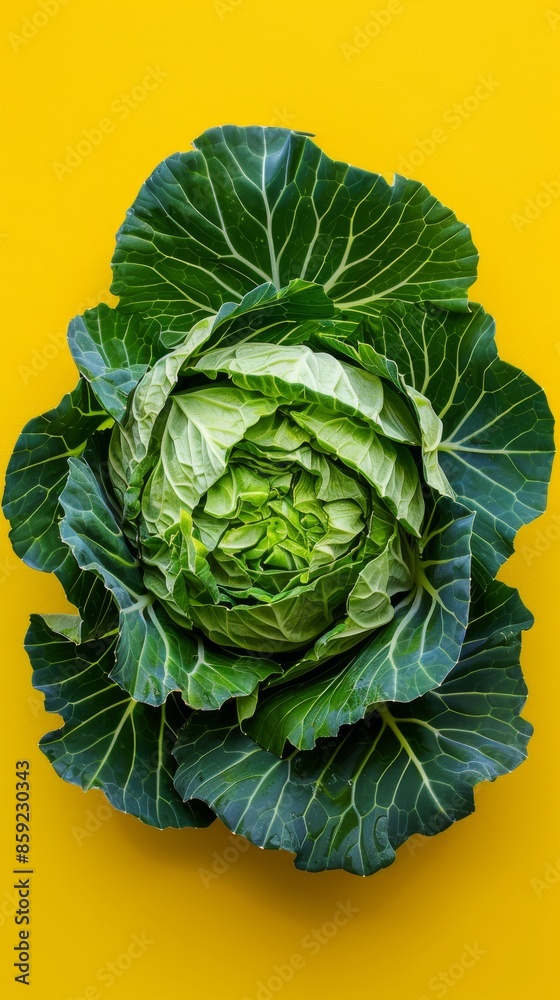 Fototapeta premium Fresh green cabbage on yellow background, healthy eating concept