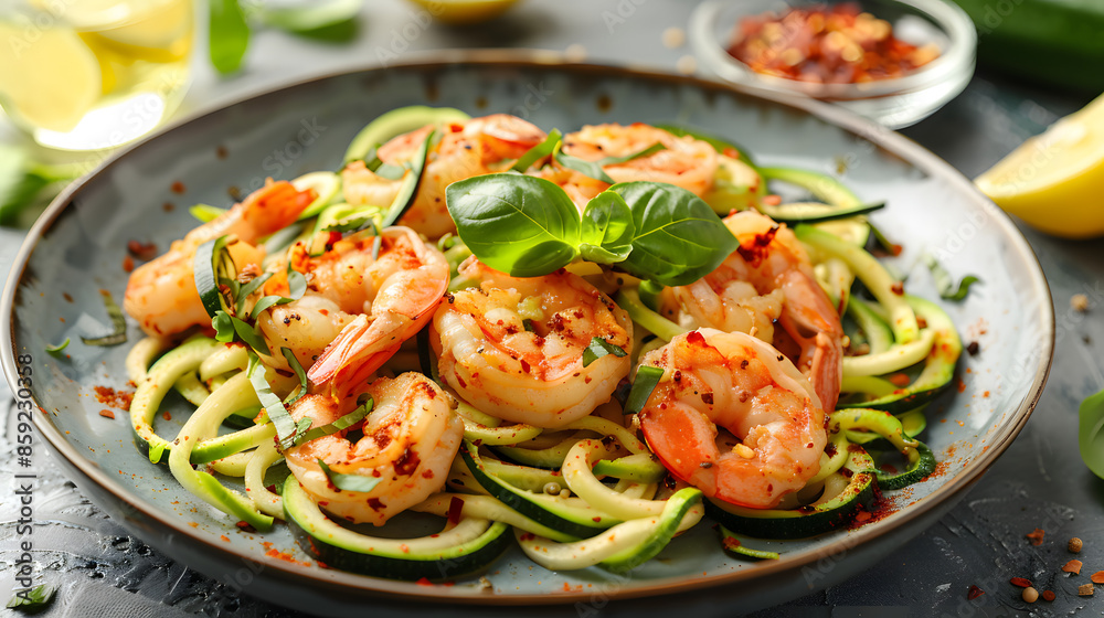 Gluten-Free Shrimp Scampi with Zucchini Noodles Presentation. Concept Gluten-Free Cooking, Shrimp Scampi Recipe, Zucchini Noodles, Culinary Presentation Gluten-Free Shrimp Scampi with Zucchini Noodles Presentation. Concept Gluten-Free Cooking, Shrimp Scampi Recipe, Zucchini Noodles, Culinary Presentation