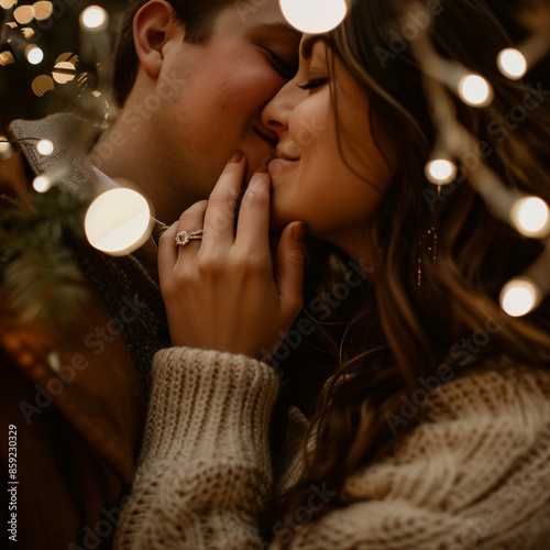 Romantic couple embracing under glowing evening lights