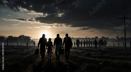 Black Silhouette of refugees people walking on the field with sky and copy space, concept of refugee migrants and illegal dunki