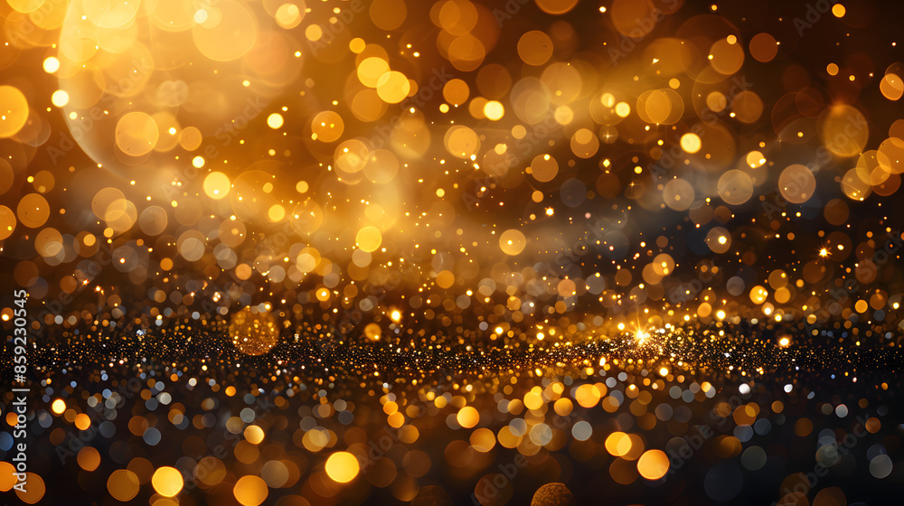 Golden christmas glittering particles with bokeh for a holiday on black background sparks particles lights backdrop effect. Shiny golden New Year lights
