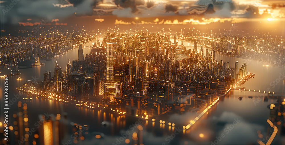 Fototapeta premium Bright city with gold elements. Aerial high view. Generative AI.