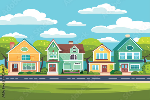 simple village house background illustration Flat style cartoon vector illustration. Suburban area flat color vector illustration. Countryside near city. Cute Houses background cartoon vector. 