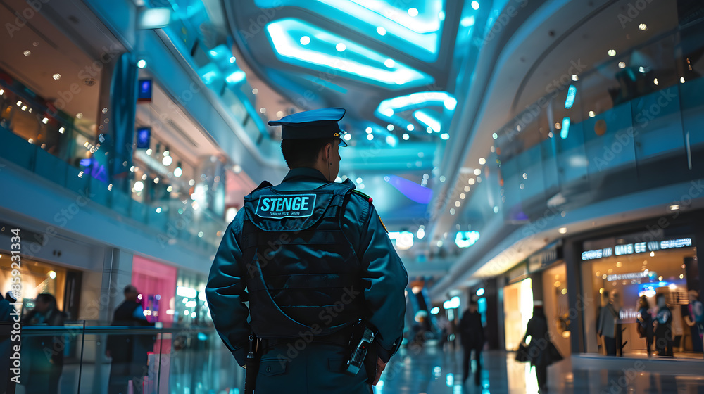 Guardian of a busy mall a security guard on duty. Concept Security, Guard, Mall, Duties, Safety Guardian of a busy mall a security guard on duty. Concept Security, Guard, Mall, Duties, Safety