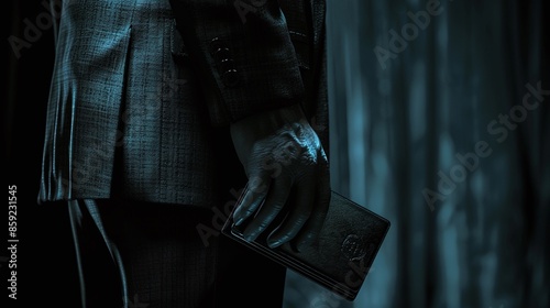 Close up of a businessman holding a wallet in a dark room. Generative AI.