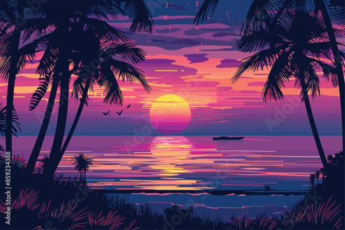 Tropical beach at sunset with palms, Flat style cartoon vector illustration. Beach sunset with palm trees for t shirt, illustration, flat design, bright colors, vector style. palm tree silhouettes. 