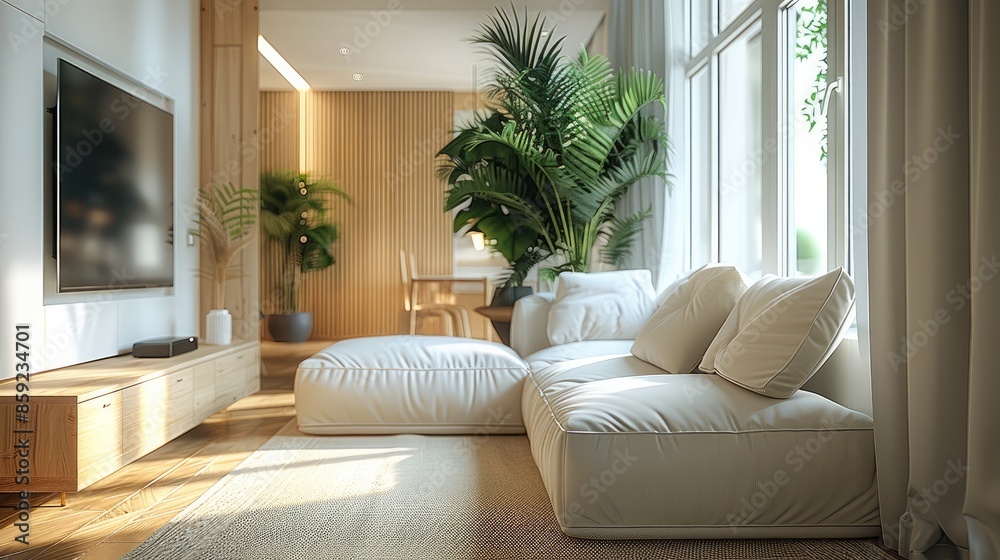 Fototapeta premium Light and cozy modern living room, plant. Generative AI.