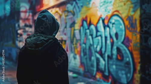 Person in a Hooded Sweatshirt Standing in Front of a Graffiti Wall at Night