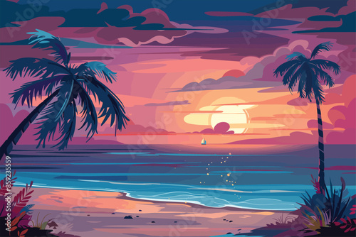 Tropical beach at sunset with palms, Flat style cartoon vector illustration. Beach sunset with palm trees for t shirt, illustration, flat design, bright colors, vector style. palm tree silhouettes. 