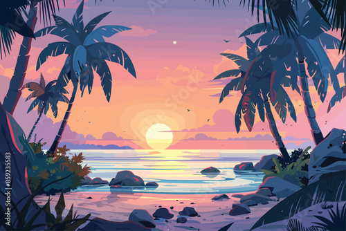 Tropical beach at sunset with palms, Flat style cartoon vector illustration. Beach sunset with palm trees for t shirt, illustration, flat design, bright colors, vector style. palm tree silhouettes. 