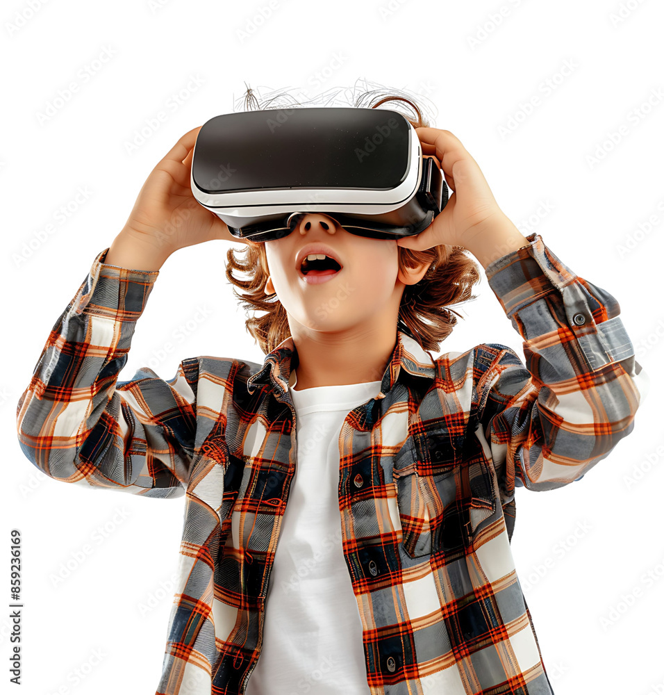 Satisfied young student exploring vr headset on isolated transparent background Satisfied young student exploring vr headset on isolated transparent background