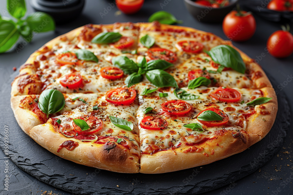 Pizza Margherita placed on a black stone backdrop Pizza Margherita placed on a black stone backdrop