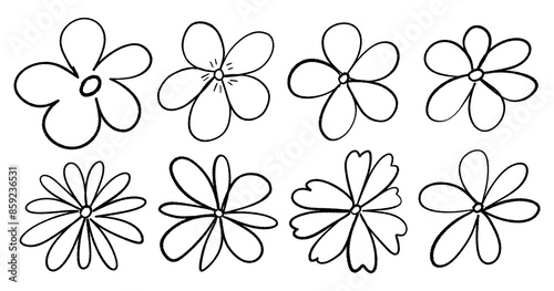 Hand drawn, scribble style flower icons. Vector illustration.