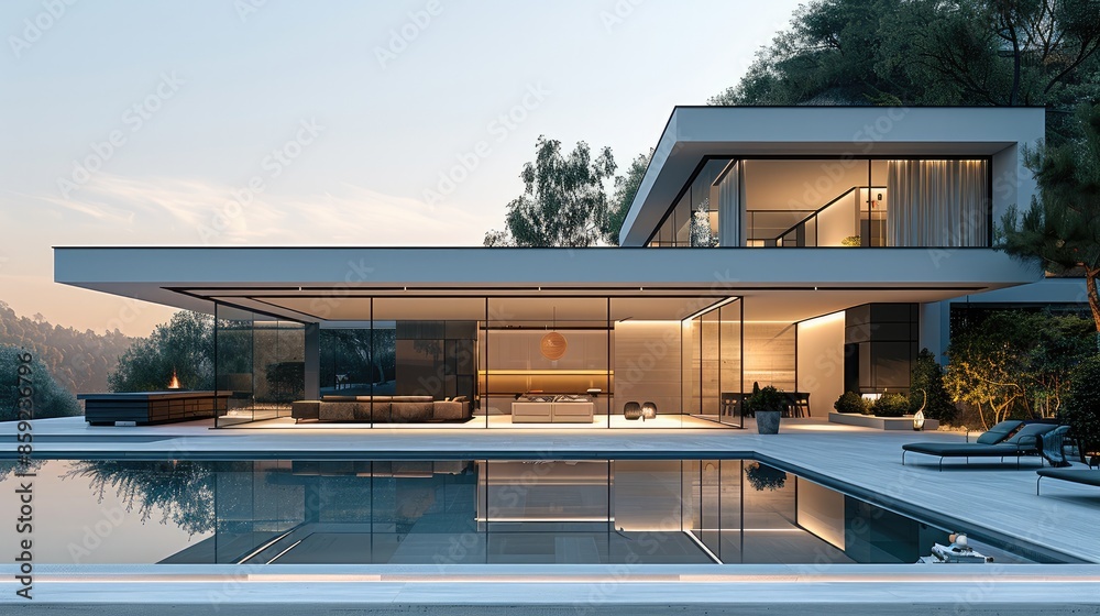 Fototapeta premium Simple high-end villa, transparent glass curtain wall. Generative AI.