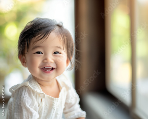 smiling asian baby, in the style of depth of field, soft-focus, in the style of joyful celebration of nature, macro zoom, in the style of high-key lighting, clean-lined, emotive faces 
